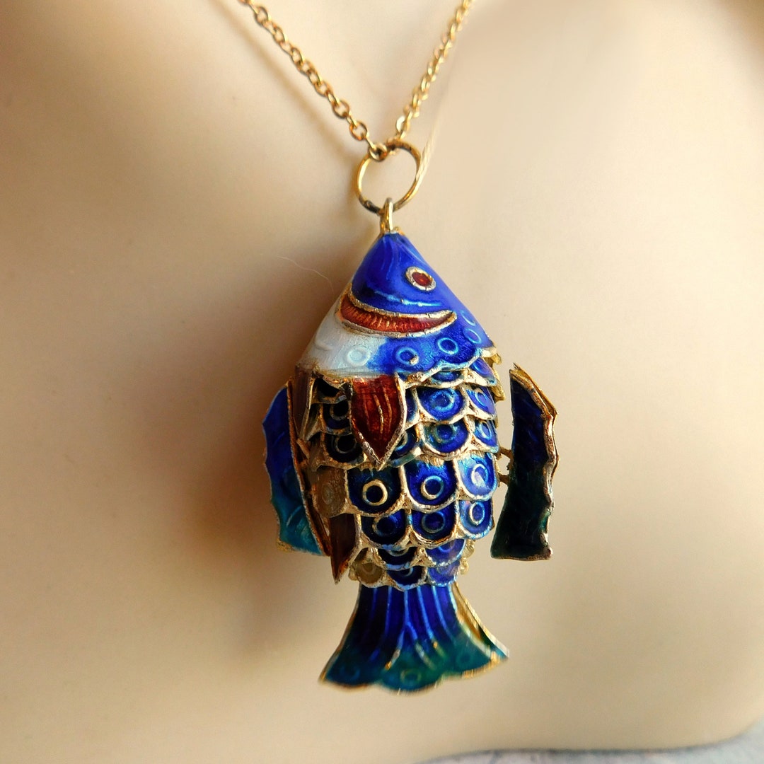 Vintage Chinese Cloisonné Articulated Fish Pendant Necklace Polychrome ...