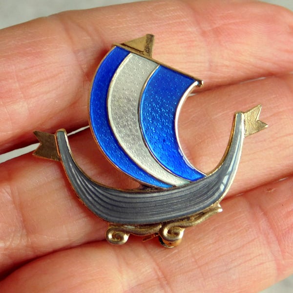 Vintage Aksel Holmsen Norway Sterling Silver / Guilloche Enamel Viking Ship Brooch - Mid-Century Pin - Scandinavian Silver Jewelry 1950s-60s