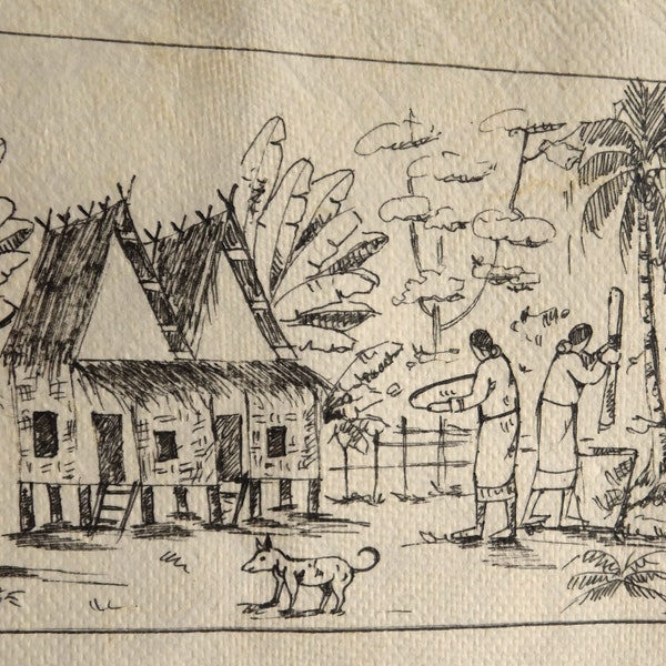 Dessin à la plume et à l'encre d'art folklorique africain vintage sur papier fait main - Scène de village charmante et détaillée - Horizontal 15 "x 6" - Livraison gratuite aux États-Unis