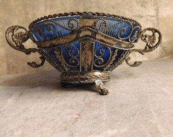 Antique Victorian Blue Glass Bowl with Ornate Gilt Silver Frame - Twp S-Shaped Handles - DISTRESSED Missing 2 Feet - Free US Shipping