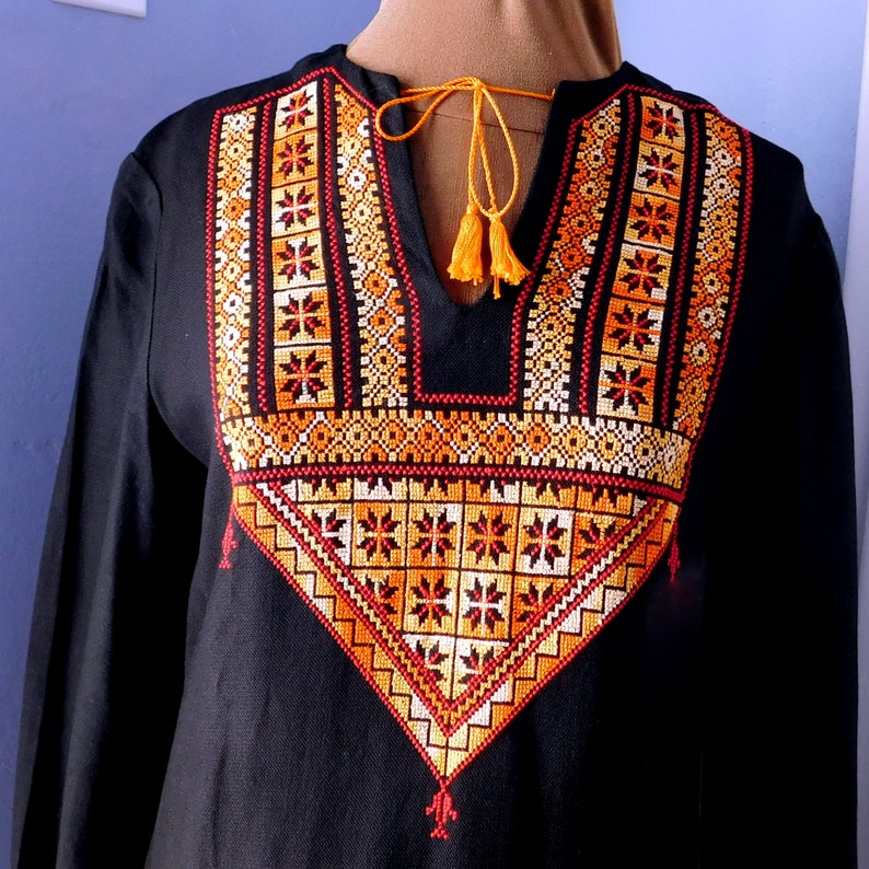 Long Sleeves Bedouin Style Middle-Eastern Vintage Cross-Stitch Caftan Handmade Orange and Gold on Black Small to Medium Size