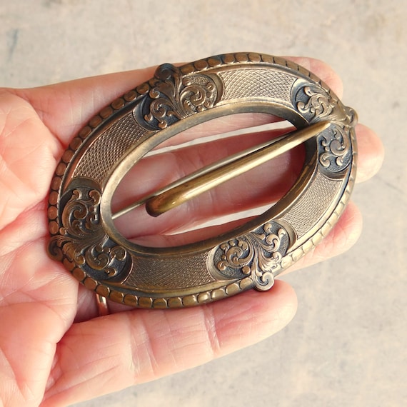 Antique Victorian Large Brass Buckle-Shaped Brooc… - image 1
