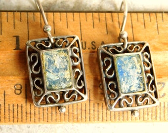 Ancient Roman Glass and Sterling Silver Drop Earrings - Rectangle Openwork Framing Iridescent Chip Inlay - Artisan Signed - Free US Shipping