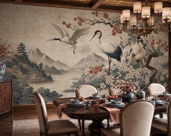 Red Crowned Crane Mural, Cherry Blossom Peel and Stick Wallpaper, Non Woven Chinoiserie Decor