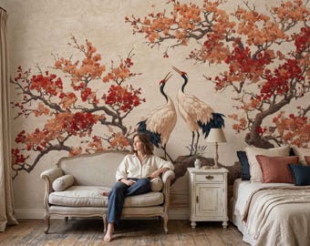 Japanischer Kranich Wandbild, Schälen und Aufkleben, Vlies, Vintage Tapete, Florale Wandkunst