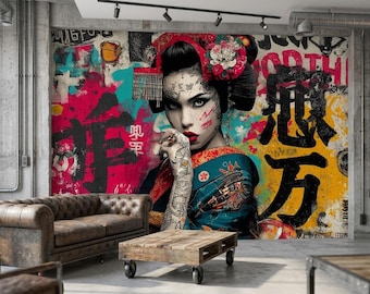 Geisha Graffiti Peel and Stick Wallpaper, Japanese Street Art Mural, Non Woven Portrait