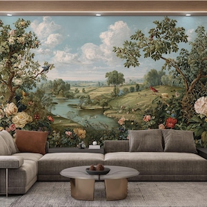 Vintage French Country Wallpaper Mural: Scenic Landscape, Birds & Flowers