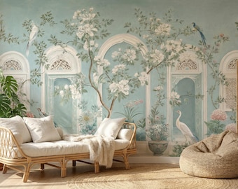 Chinoiserie  Archway Garden Wallpaper, Vintage Floral Peel and Stick Mural, Elegant Luxury Blue Decor