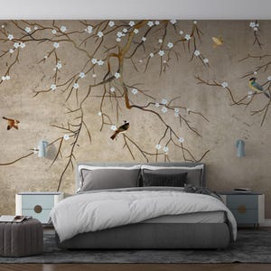 Carta da parati con fiori bianchi in stile cinese, murale con fiori di ciliegio, decorazione murale staccabile e adesiva, carta da parati in vinile non tessuto, motivo rimovibile con albero e uccello