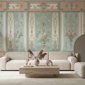 Papel pintado de panel francés, mural floral vintage, autoadhesivo, no tejido, vinilo pastel ornamentado