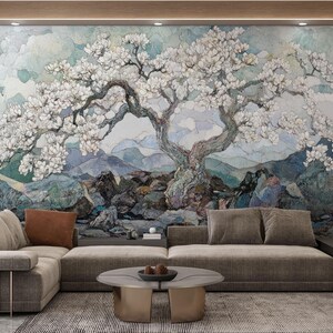 Cherry Blossom Mural: Watercolor Peel and Stick Wallpaper, Asian Floral Wall Art