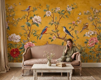 Vintage Chinoiserie Mural Peel and Stick: Peony Gold Bird Garden Wallpaper