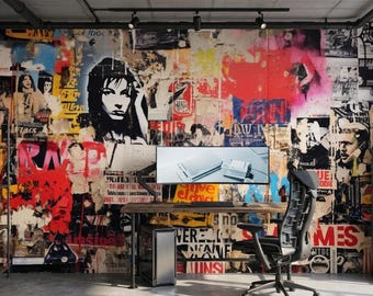 Graffiti Wallpaper, Urban Street Art Wall Mural, Vintage Grunge Peel and Stick Decor,