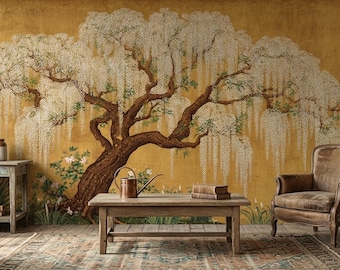 Goldenes Chinoiserie Glyzinienbaum Wandbild, Vintage Japanische Blumentapete, Schälen und Aufkleben Wanddekor