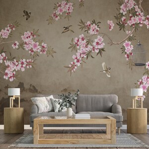 Carta da parati adesiva con fiori di ciliegio, carta da parati murale in tessuto non tessuto con fiori rosa, decorazione autoadesiva in stile asiatico, carta da parati rimovibile con gabbia per uccelli