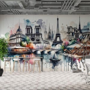 Carta da parati adesiva con skyline di Parigi in acquerello, murale della Torre Eiffel, carta da parati in tessuto non tessuto con paesaggio urbano francese, carta da parati in vinile romantica europea