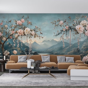 Carta da parati adesiva con motivo floreale Chinoiserie, carta da parati murale rimovibile in tessuto non tessuto con peonie rosa, carta da parati con vista panoramica sul lago con uccelli vintage