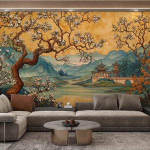 Chinoiserie Blütenbaum-Tapete: Asiatische Landschafts-Wandbild zum Schälen und Aufkleben