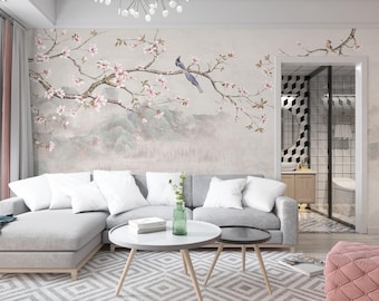 Chinoiserie Floral Wallpaper Mural: Asian Flowers, Birds, Cherry Blossoms, Peel and Stick