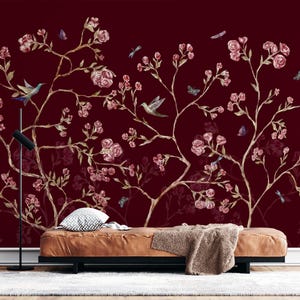 Romantische Rosengarten Tapete zum Abziehen und Aufkleben, Burgunder-Blumenvlies-Wandbild, Vintage-Vogel- und Blumen-Wanddekor