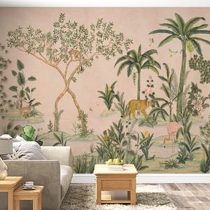 Carta da parati panoramica "Paradiso della giungla rosa" staccabile e attaccabile, murale "Chinoiserie", carta da parati tropicale suggestiva, fenicotteri stravaganti, scimmie e pantere