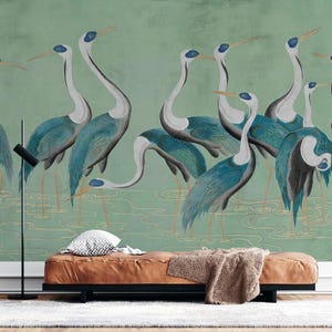 Elegant Crane Peel and Stick Wallpaper: Green Bird Wall Mural, Japanese Style