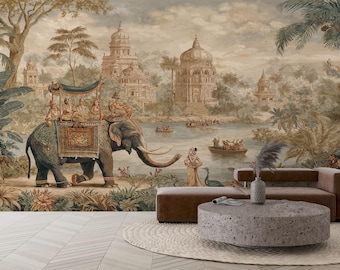 Carta da parati adesiva Jaipur Garden: murale con animali esotici della giungla