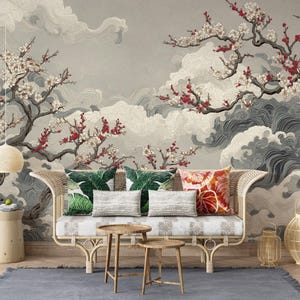Japanische Kirschblüte Wandbild: Asiatische Landschafts-Tapete schälen und aufkleben