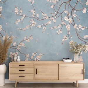 Chinoiserie Blossom Peel and Stick Wallpaper: Blue Floral Wall Mural