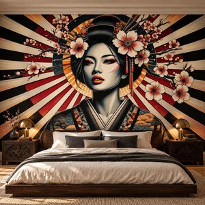 Japanese Geisha Portrait Wallpaper, Cherry Blossom Mural, Peel and Stick Non Woven Wall Decor