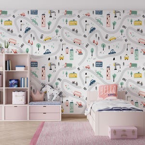 Kinderwegenkaart Peel and Stick-behang, speelse auto's niet-geweven muurschildering, kinderkamerbehang voor jongens en meisjes, verwijderbaar stadsbeeld