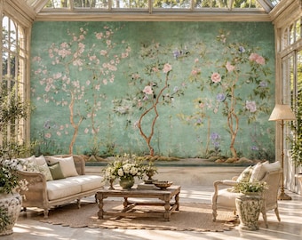 Fototapeta w stylu vintage Chinoiserie w zielone kwiaty, samoprzylepna tapeta, dekoracja ścienna z włókniny