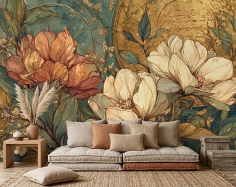 Luxury Floral Wallpaper, Vintage Antique Botanical Peel and Stick Mural, Elegant Nature Wall Covering,