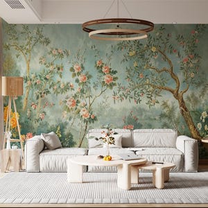 Romantic English Garden Peel and Stick Wallpaper, NonWoven Wallpaper, Vintage Floral Tree Wall Mural,