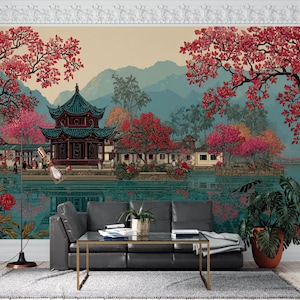 Japanese Garden Wallpaper Mural - Traditional Asian Landscape Wall Art, Oriental Home Decor
