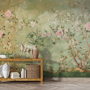 Beige Chinoiserie Floral Wallpaper: Hand-Painted Style Wall Mural