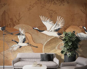 Luxe chinoiserie-kraanmuurschildering, traditionele Aziatische kunst, bloemen muurdecoratie peel-and-stick