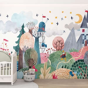 Papier peint autocollant forêt fantaisiste pour chambre d'enfant, décoration murale amovible non tissée, décoration murale enchanteresse pour chambre d'enfant