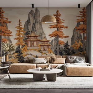 Chinoiserie Mountain Mural: Asian Landscape Peel and Stick Wallpaper