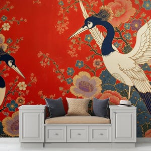 Oriental Crane Peel and Stick Wallpaper: Japanese Blossom Mural