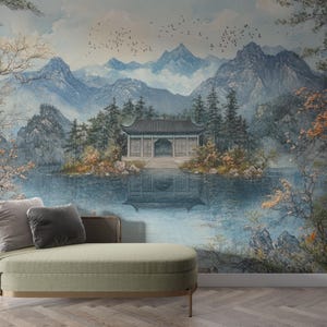 Asian Landscape Peel and Stick Wallpaper: Serene Lake House Mural