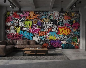 Colorful Graffiti Peel and Stick Wallpaper, Urban Street Wall Mural, Pop Art Wall Decor,