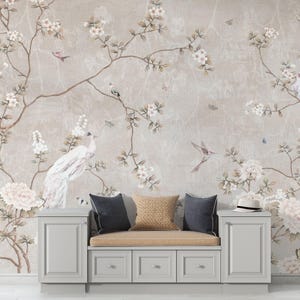 Elegante carta da parati floreale beige Chinoiserie / murale staccabile e attaccabile per spazi eleganti