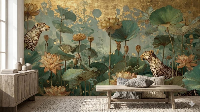Luxury Leopard Chinoiserie Wallpaper, Lotus Floral Peel and Stick Mural ...