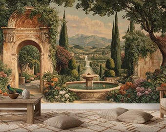 Luxury Italian Garden Wallpaper, Scenic Landscape Peel and Stick Mural, Classical Archway Wall Decor