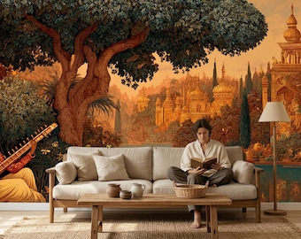 インドの音楽家シタールを描いた剥がして貼れる壁画、ムガル宮殿と川の風景の壁紙