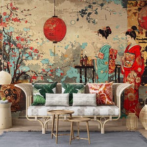 May include: A decorative wall mural featuring an Asian-inspired design. The artwork depicts geishas in traditional attire, cherry blossoms, and red lanterns. A rattan sofa with patterned cushions and small wooden tables are in front of the mural. The color palette includes red, blue, and beige.
