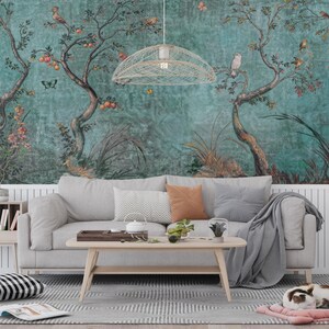 Enchanted Forest Birds Peel and Stick Wallpaper, Mystical Trees and Foliage Mural, Non Custom Self Adhesive Vinyl Wallpaper