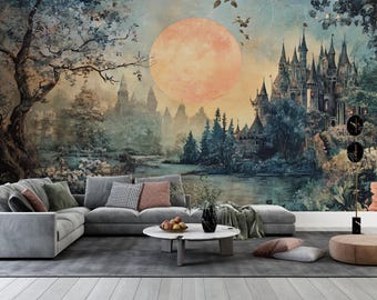 Mural de castillo de fantasía vintage, papel tapiz autoadhesivo de luna de cosecha mágica, decoración de bosque oscuro