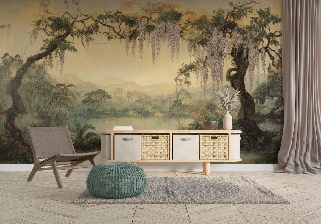 Vintage Jungle Wallpaper Mural - Tropical Misty Forest Wall Decor With ...